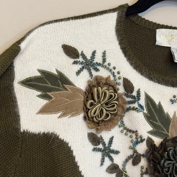 Michelle Nichole Sweater M Green Floral Aplique Beaded Wool Angora Pullover NWT - Picture 4 of 8